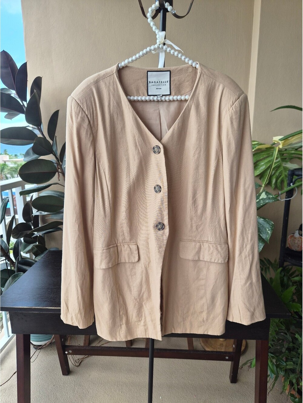 Bagatelle Collection Beige Linen Blend Collarless Blazer Size L